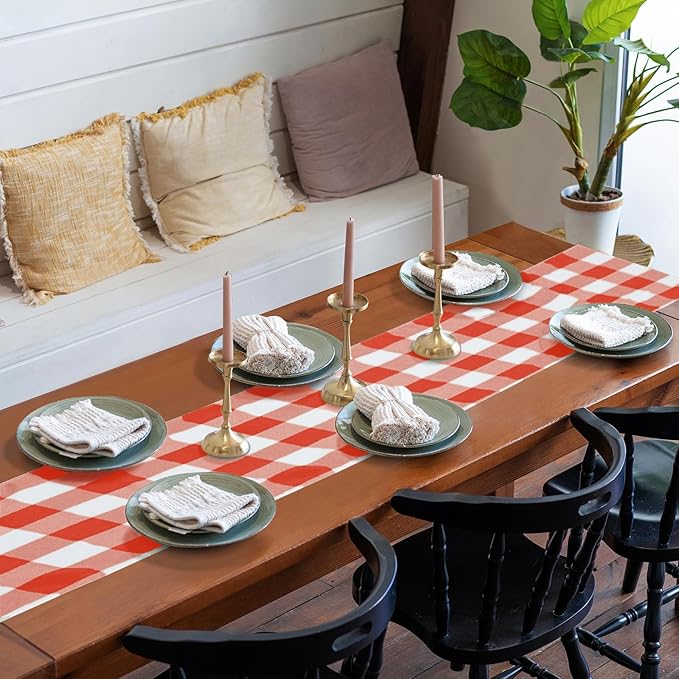 Fabric Checkered Table Runner 12 Pack Waterproof Gingham Table Runner 14W x 108L Buffalo Check Table Runners for Parties Kitchen Dining Wedding Banquet (Red and White)