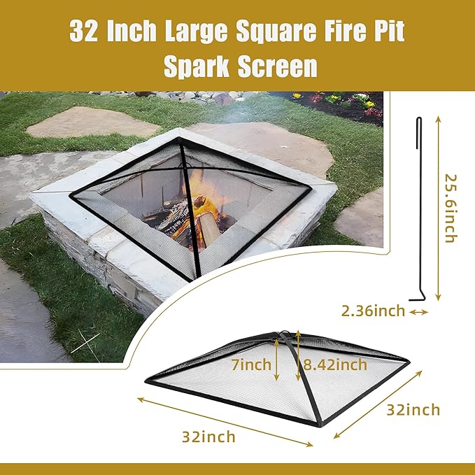 WeCooper 32Inch Heavy Duty Fire Pit Spark Screen Cover, Steel Mesh Square Firepit Screen, Fire Pit Ember Guard with FirePit Poker