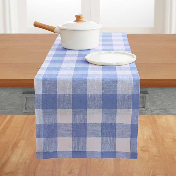 Solino Home Linen Checkered Table Runner 108 Inches Long - 100% Pure Linen Hydrangea Blue Buffalo Check Table Runner 14 x 108 Inch Ideal for Dining, Winter, Spring, Easter