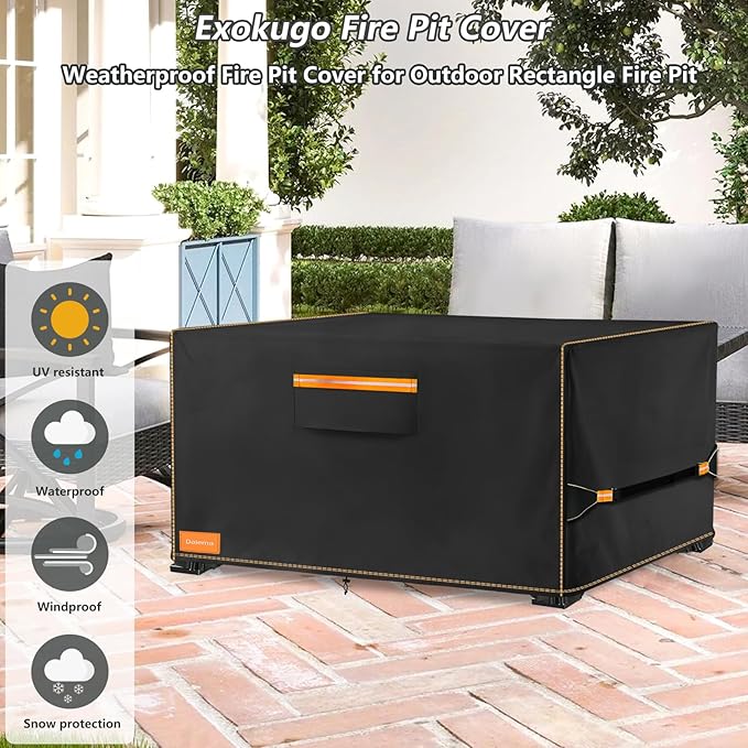Fire Pit Cover,Outdoor Heavy Duty 600D 100% Waterproof Fire Pit Cover Rectangular,Weatherproof Firepit Covers Rectangle 52" L x 34" W x 24" H,Black