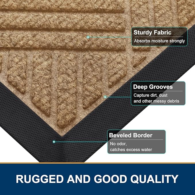 Smiry Front Door Mat Outside Entrance, Heavy Duty Outdoor Indoor Natural Rubber Doormat, Non Slip, Trap Dirt and Moisture, Easy Clean, Low Profile Patio Porch Entryway Mat, 35x23, Coffee