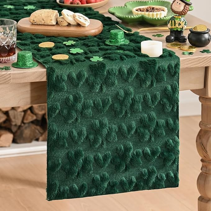 Artoid Mode Green Soft Plush Faux Fur Jacquard Heart Clover St. Patrick's Day Table Runner, Seasonal Kitchen Dining Table Decoration for Home Party Decor 13x108 Inch