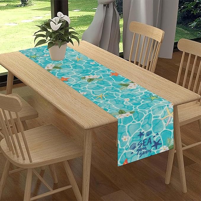 Summer Starfish Table Runner, Blue Sea Coastal Tropical Flower Beach Nautical Starfish Ocean Table Runner Seasonal Holiday Home Kitchen Dining Table for Home Party Decor 13"x108"