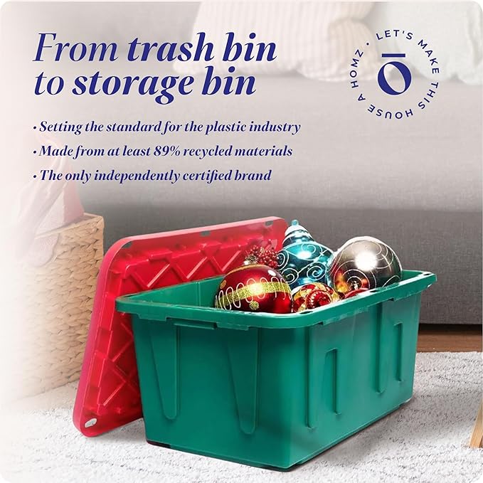 HOMZ 4-Pack Durabilt, Heavy Duty Plastic Storage Bins with Lids, 27 Gallon, Red/Green - Stackable Container Boxes for Holiday, Attic, and Garage Organization