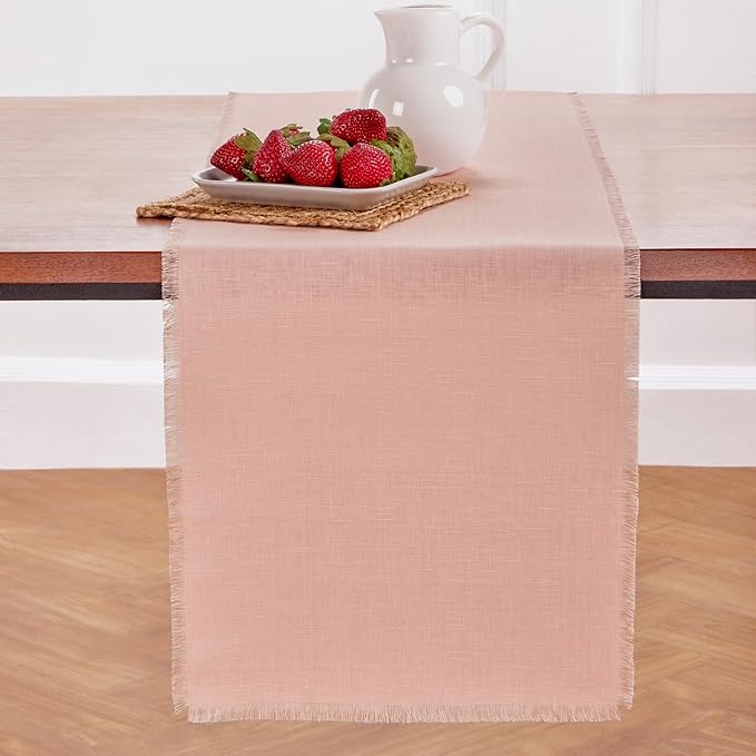 Solino Home Misty Pink Linen Table Runner 60 Inches - Fringe, 100% Pure Linen Coffee Table Runner 14 x 60 Inch for Valentines, Spring, Easter