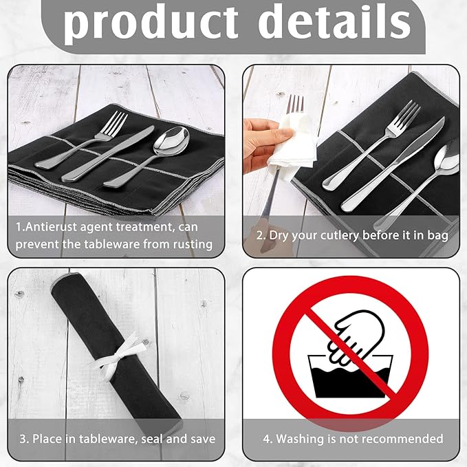 Hillban 12 Pcs Anti Tarnish Silver Storage Bags Silver Storage Cloth Felt Flatware Organizer Anti Tarnish Protector Bags Place Setting Roll with White Ribbon for Kitchen Cutlery (12 Slots,Black)