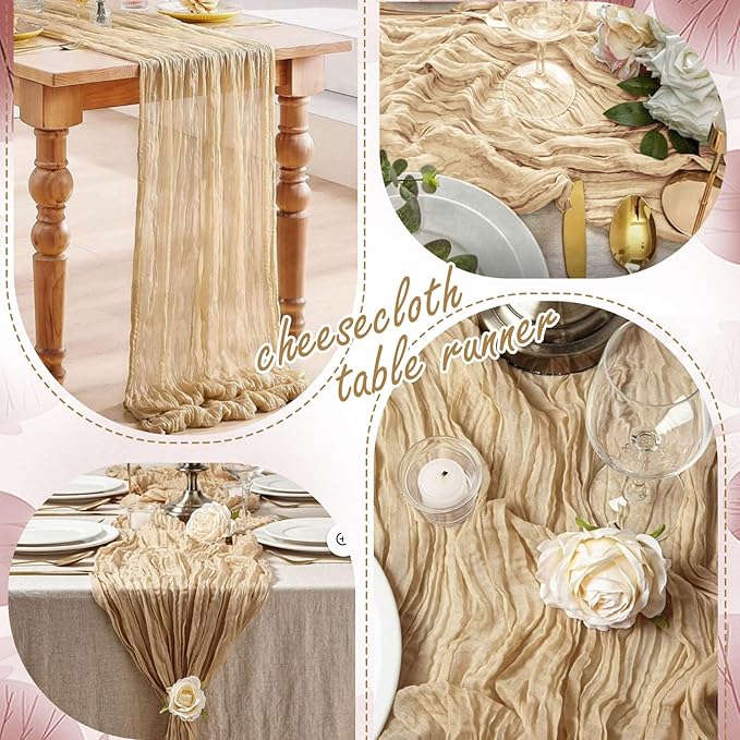 20 Packs Cheesecloth Table Runner 10FT Long Boho Gauze Fabric Table Runner Vintage Rustic Sheer Runners for Wedding Party Bridal Baby Shower Table Decorations (Beige)