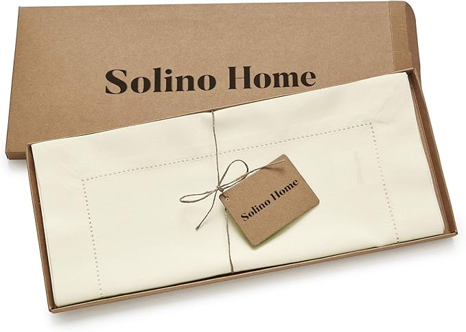 Solino Home Ivory Table Runner 36 Inches - Cotton Linen Hemstitch Coffee Table Runner 14 x 36 Inch Ideal for Dresser Tables - Spring, Easter