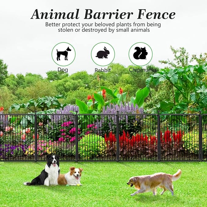 Garden Fence with Gate Metal Fencing Outdoor for Yard, 32in x96ft 42 Panels Outdoor Dog Fence Temporary Fence for Dogs Outside, Rustproof Garden Fencing Flower Bed Edging for Patio