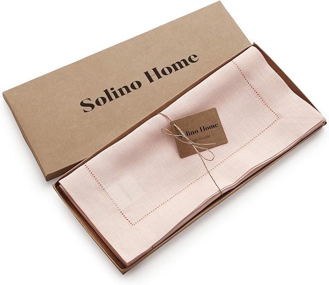 Solino Home Linen Pink Table Runner 132 Inches Long - 100% Pure Linen Extra Long Table Runner 14 x 132 Inch for Valentines, Spring, Easter - Classic Hemstitch
