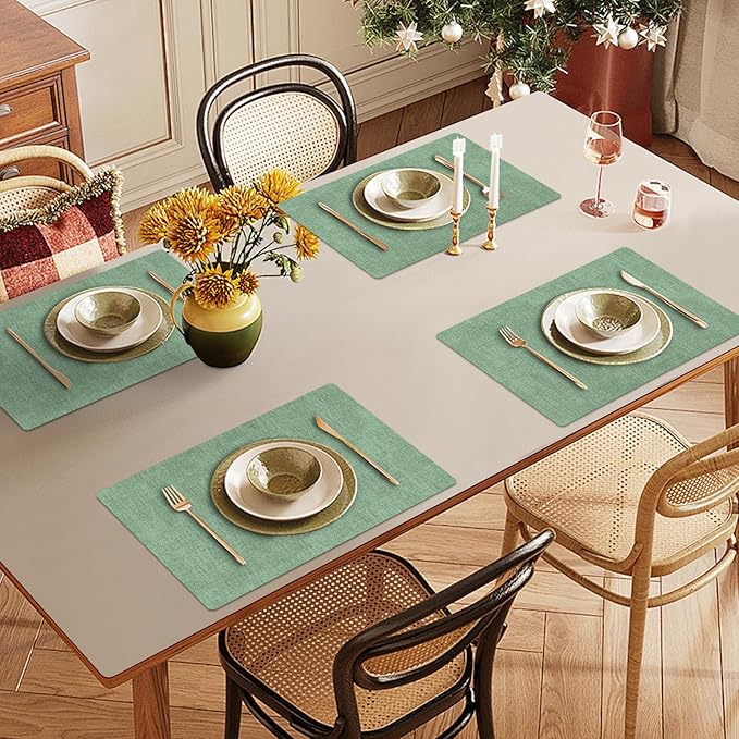 Faux Leather Heat Resistant Christmas Placemats Set of 6 – Waterproof Oilproof Wipeable Dining PU Vinyl Place Mat Easy Clean Table Mats for Kitchen/Dining/Party/Holiday, Dark Green