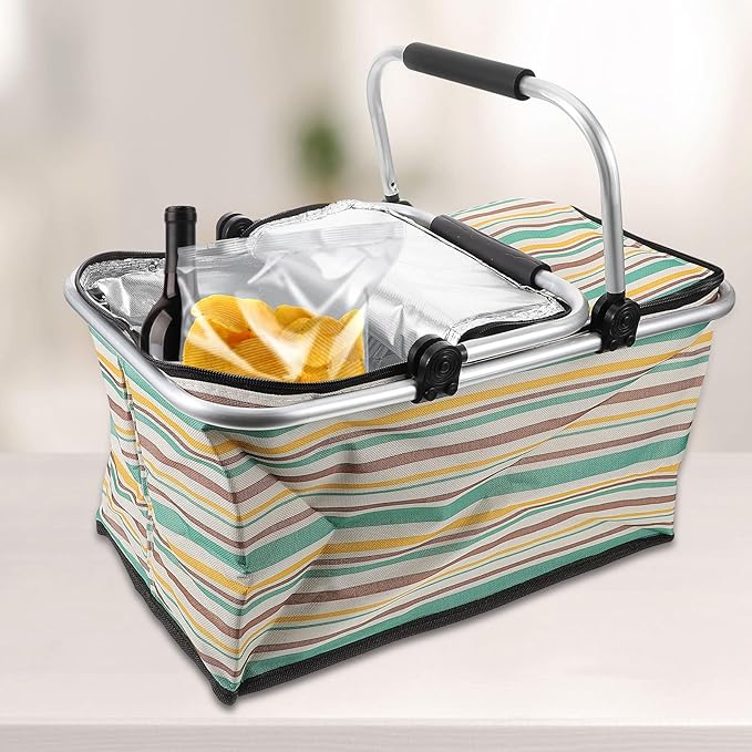 GALPADA Insulated Picnic Basket Multi-Function Cooler Bag for Outdoor Dining Foldable Thermal Tote Thick Aluminum Film Yellow-Green Pattern Without Ice Pack