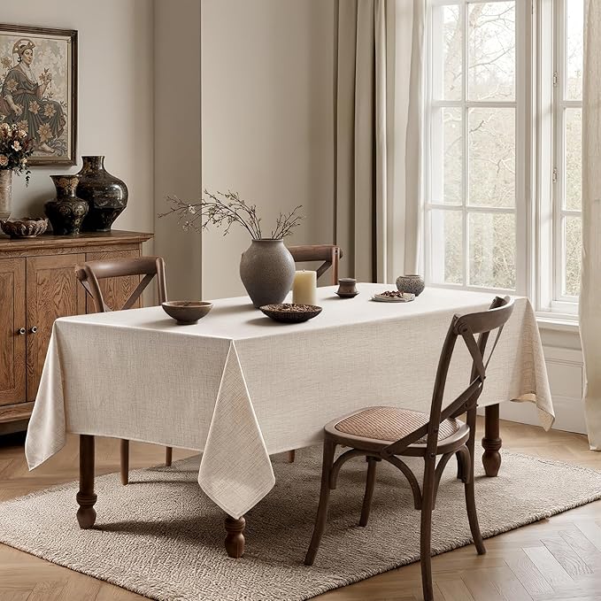 MIULEE Grayish White Linen Polyester Tablecloth 60x84 Inch Spring Rectangle Table Cloth Waterproof,Stain Resistant & Wrinkle Resistant for Dining Party Wedding
