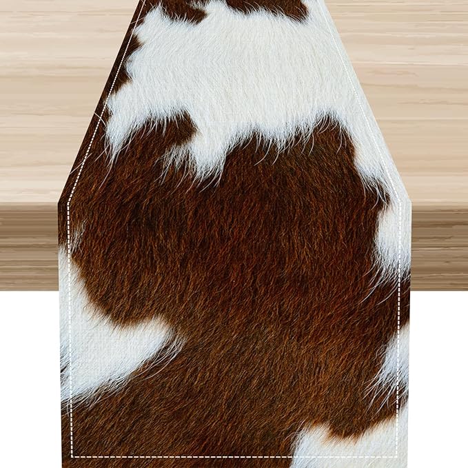 Cow Print Table Runner, Brown Cowhide Print Western Style Table Runner Country Farmhouse Cottage Cow Pattern Linen Table Decoration for Home Kitchen Dining 13x72