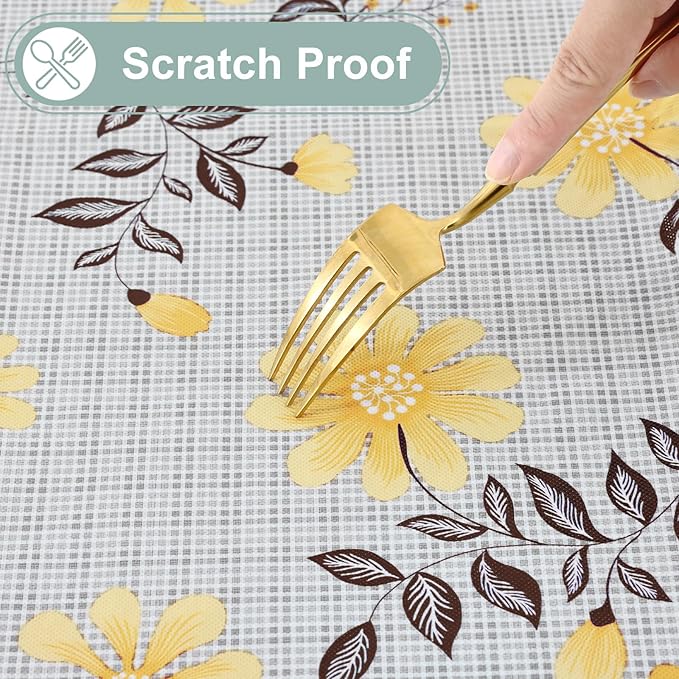 misaya Rectangle Waterproof Vinyl Table Cloth, Wipeable Tablecloth with Flannel Backing, Plastic Table Cover for Dinner, Picnic, Indoor and Outdoor (Yellow Flowers, 60" x 84")
