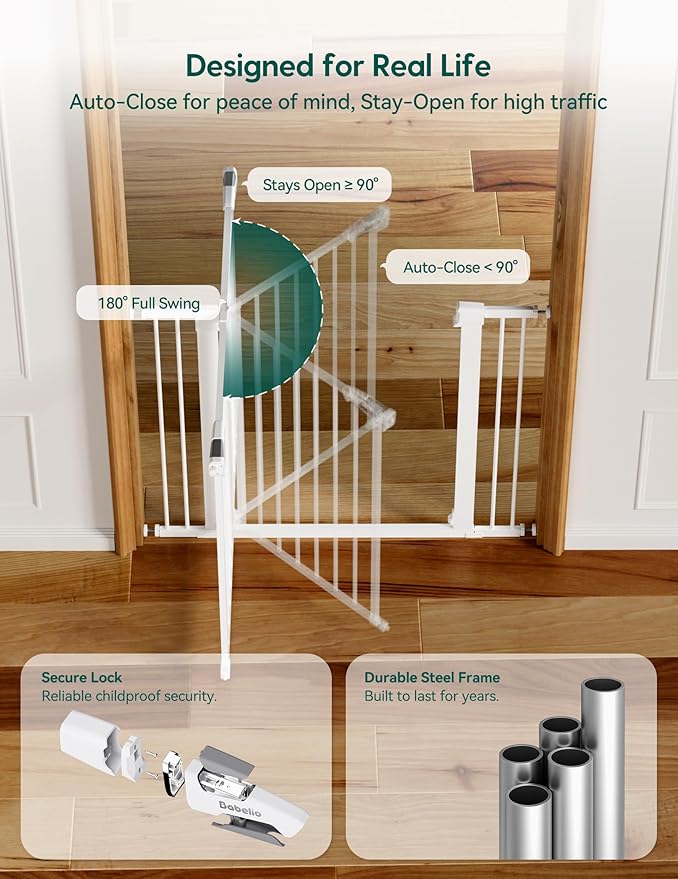 Babelio Metal Baby Gate, 29-43" Auto Close Easy Install Pet Gate PressGuard P7, Extra Wide Walk Thru Child Safety Gate, 30" Tall Pressure Mounted Dog Gate for Doorways & Stairs, White