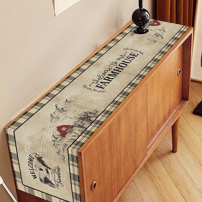 Farmhouse Table Runner, Rustic Country Barn Cottage Rooster Cow Check Animal Coffee Table Center Decor for Home Kitchen Dining Patio Holiday Party Indoor Outdoor Table Decorations 13"x36"