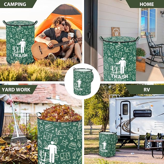 1 Pack Collapsible Trash Can Camping with Zippered Lid Foldable Storage Bin Portable Garbage Can for Outdoor Camping RV's Yard Waste (Trash Style)