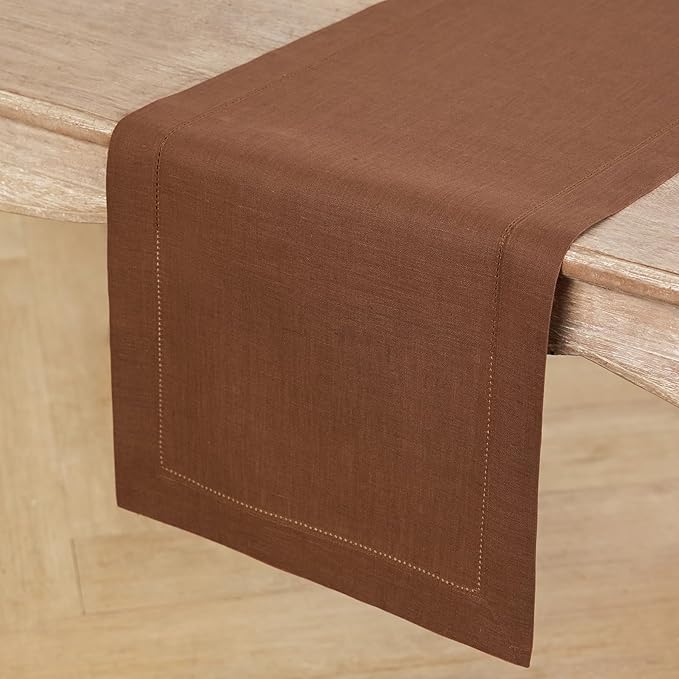 Solino Home Linen Brown Table Runner 60 Inches - Classic Hemstitch, 100% Pure Linen Coffee Table Runner 14 x 60 Inch Ideal for Dresser Tables