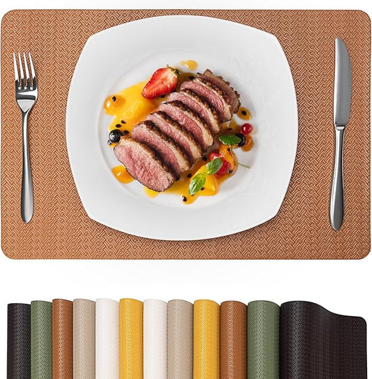 Faux Leather Placemats Set of 4 – 17x12 Inch Vinyl Table Mats, Heat Resistant, Non Slip, Wipeable & Washable, Easy to Clean Dining Table Decor for Kitchen & Dining Room（Cinnamon Brown）