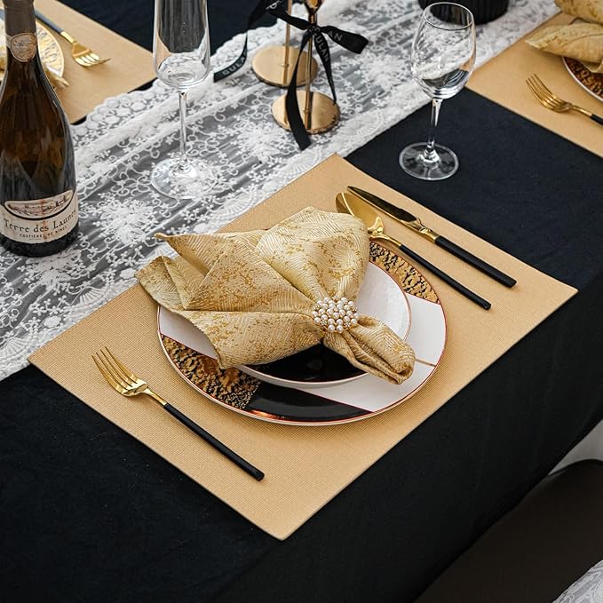 Faux Leather Placemats Set of 6, Heat Resistant Anti-Slip PU Place Mats for Dining Table, Waterproof Washable Wipeable Reversible Table Mats, Gold