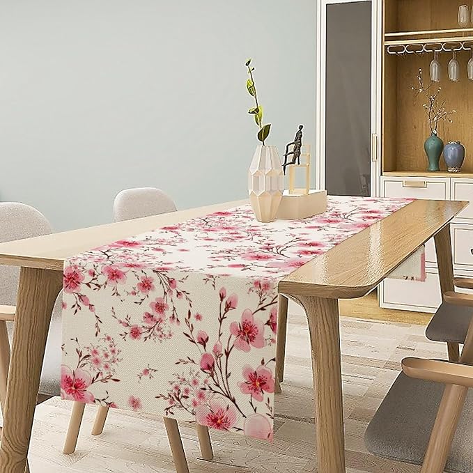 Cherry Flower Table Runner, Seasonal Spring Cherry Blossoms Branches Watercolor Floral Print Table Cover for Kitchen Dining Table Indoor Outdoor Party Decor, 13x108inch