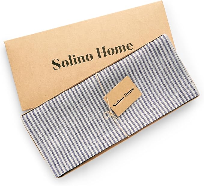 Solino Home Linen Table Runner 90 Inches Long - Narrow Stripe, 100% Pure Linen Navy and White Table Runner 14 x 90 Inch for Dining, Spring, Easter