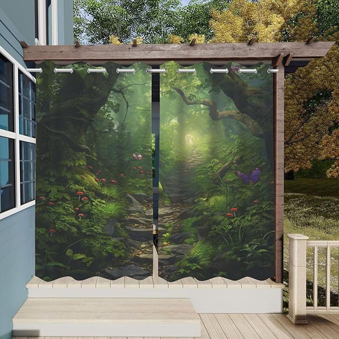 Fantasy Theme Waterproof Outdoor Curtains for Patio,Forest Pattern,Grommet Curtain for Bedroom, Porch, Living Room, Pergola, Cabana,2 Panels,W54 x L84,Green