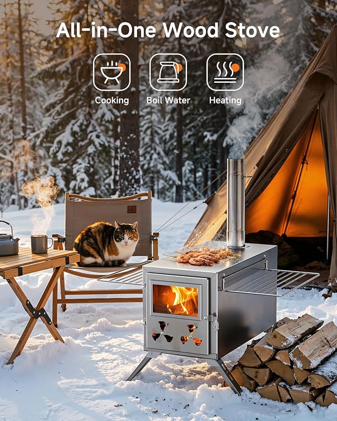 Sauna Hot Tent Stove, Camping Wood Burning Stove with 8 Stainless Chimney Pipes, Portable Folding Wood Stove for Tent, Outdoor Heating, Cooking, Ice Fishing, Hunting