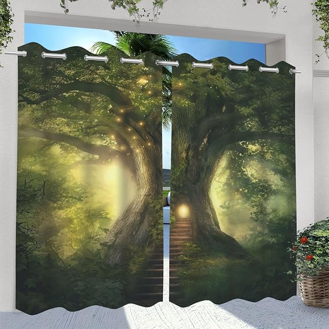 Fantasy Theme Outdoor Curtains for Patio Waterproof,Forest Pattern,Privacy Weatherproof Grommet Outside Curtains for Porch, Pergola, Cabana,Set of 2 Panels,42 x 84 inch,Green