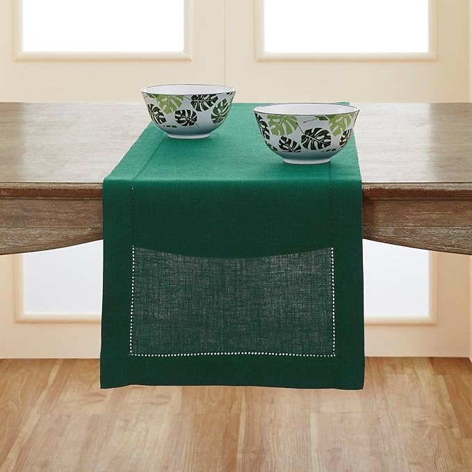 Solino Home Linen Rainforest Green Table Runner 90 Inches Long - 100% Pure Linen Hemstitch 14 x 90 Inch Table Runner for Dining, St Patricks Day - Classic Hemstitch