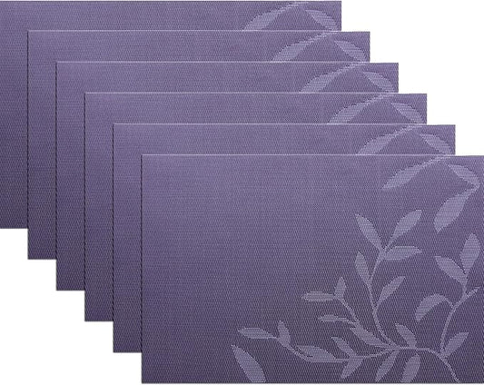 Leaf Placemats Set of 6, Non-Slip Heat-Resistant 18" x 12" Vinyl Washable Placemats for Kitchen Indoor Outdoor Party Birthdays Weddings Decoration (Purple)