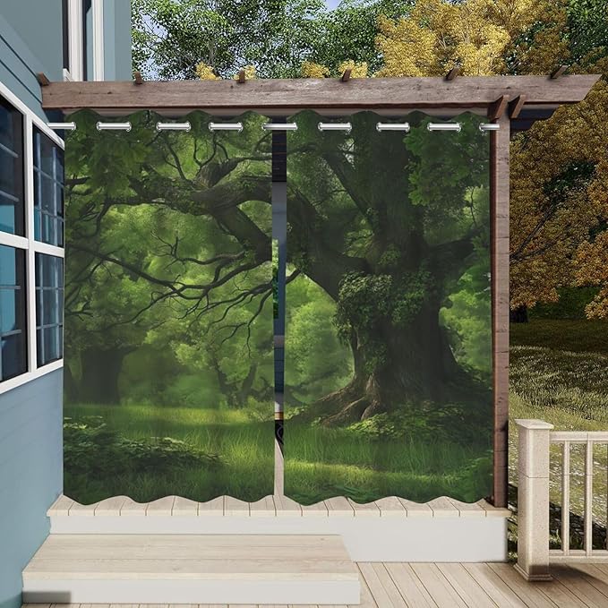 Nature Theme Waterproof Indoor/Outdoor Curtains,Forest Pattern,Light Filtering Curtains Outside Curtains for Porch, Gazebo, Pergola, Backyard,2 Panel,42 x 63 inch,Green