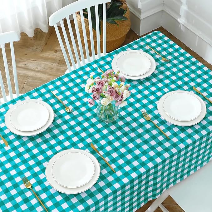 Romanstile Rectangle Vinyl Tablecloth, 100% Waterproof Buffalo Gingham Plastic Table Cloth, Heavy Duty Wipeable Checkered Table Covers for Outdoor, Camping, Picnic, Patio - 52 x 70, Teal Green