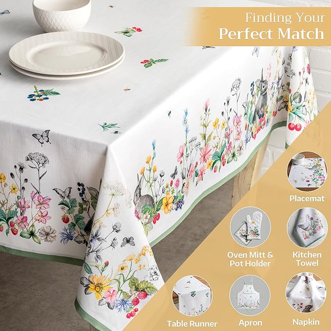 Maison d' Hermine Table Cloth Rectangle Table 100% Cotton 60 x 108 Inches Tablecloth Reusable Decorative for Dining Room, Farmhouse, Home, Party, Festive & Wedding Spring Summer - Printemps