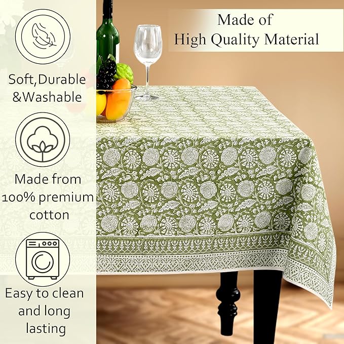 CPC Olive Bloom Tablecloth 100% Cotton 70x118 Inch Indian Block Print Rectangle Table Cover, Table Cloth for Gifting in Weddings, Halloween, Fall, Christmas, Thanksgiving