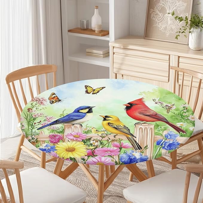 Spring Birds Floral Round Fitted Tablecloth with Elastic Colorful Flower Butterfly Circle Table Cloth for 44-48" Round Tables Wipeable Waterproof Farmhouse Easter Table Cover for Outdoor Picnic Dining
