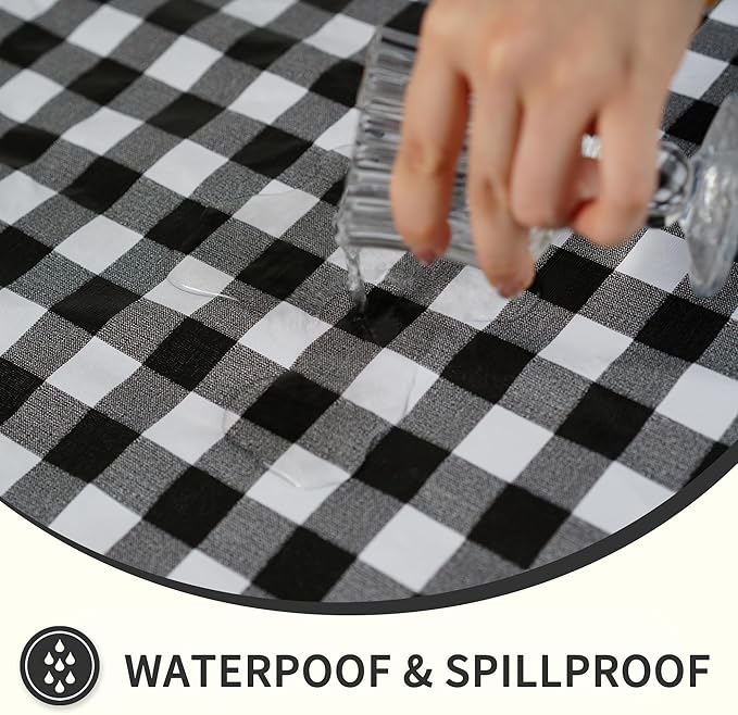 Rectangle Picnic Table Cloth, Elastic Waterproof Fitted Vinyl Tablecloths for 6 Foot Tables, Wipeable Flannel Backed Table Covers for Dining, Camping, Outdoor(Black Plaid,36"x72")