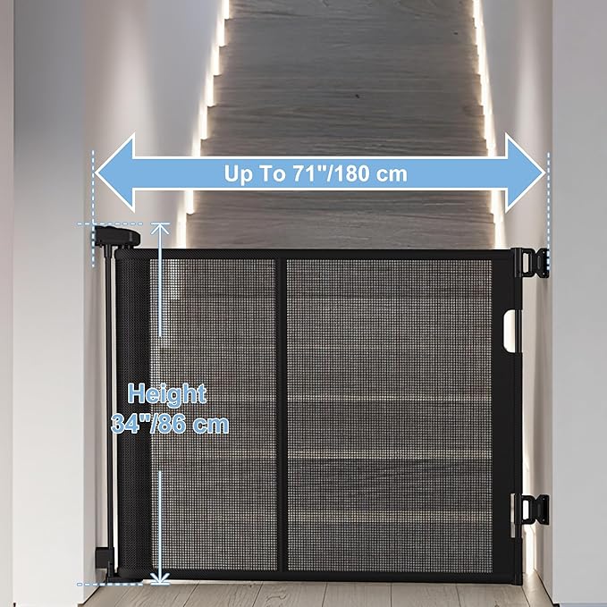 71 inches Extra Wide Retractable Baby Gate, 34 inches Tall Pet Gate for Stairs, Hallways, Kitchens, Safety Mesh Barrier for Kids and Dogs, Indoor Outdoor Use, White