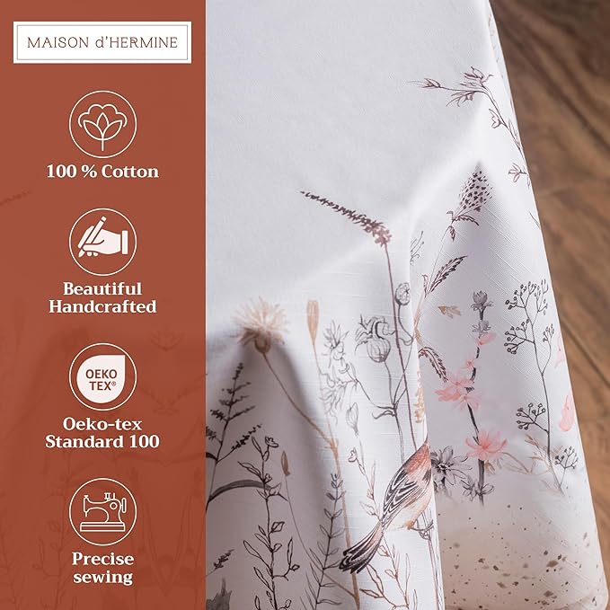 Maison d' Hermine Table Cloth Round Table 100% Cotton 63 Inches Tablecloth Reusable Decorative for Dining Room, Farmhouse, Home, Party, Festive & Wedding Spring Summer - Meadow Florals - Brown