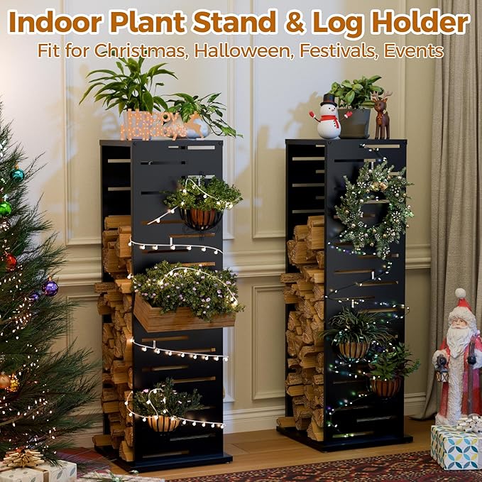 4ft Firewood Rack Outdoor, Fire Wood Rack Log Holder with Louver Pattern Hooks Adjustable Feet, Firewood Storage for Indoor Fireplace Patio Balcony Black