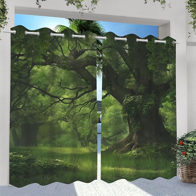 Nature Theme Waterproof Outdoor Curtains for Patio,Forest Pattern,Privacy Curtains for Porch Pergola Arbor Lanai Pool House Outside Deck,2 Panels,54 x 84 inch,Green