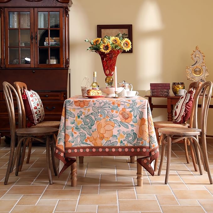 Vintage Linen Rectangle Tablecloth,Italian Orange Floral Pattern Soft and Wrinkle Resistan Table Cloth,Decor Table Cover for Kitchen,Dining,Thanksgiving,Christmas,55"*87"-Positano