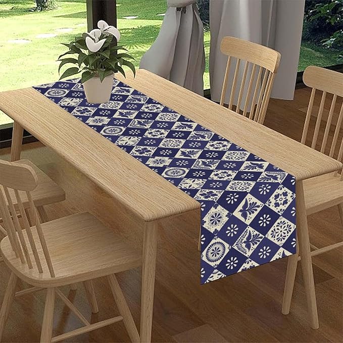 Floral Birds Mexican Table Runner, Blue Mexico Talavera Ceramic Tiles Cinco De Mayo Azulejo Coffee Table Center Decor for Family Kitchen and Dining Patio Indoor Outdoor Table Decorations, 13" X 108"