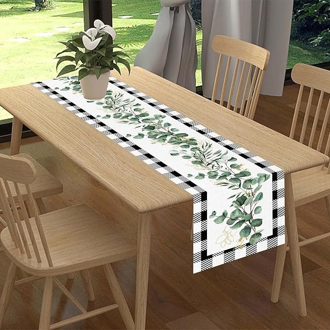 Green Eucalyptus Table Runner, Farmhouse Spring Plants Leaves Checkered Baffalo Plaid Rustic Country Greenery Cafe Coffee Table Center Decor for Home Kitchen Dining Patio Indoor Outdoor, 13"x90" Inch