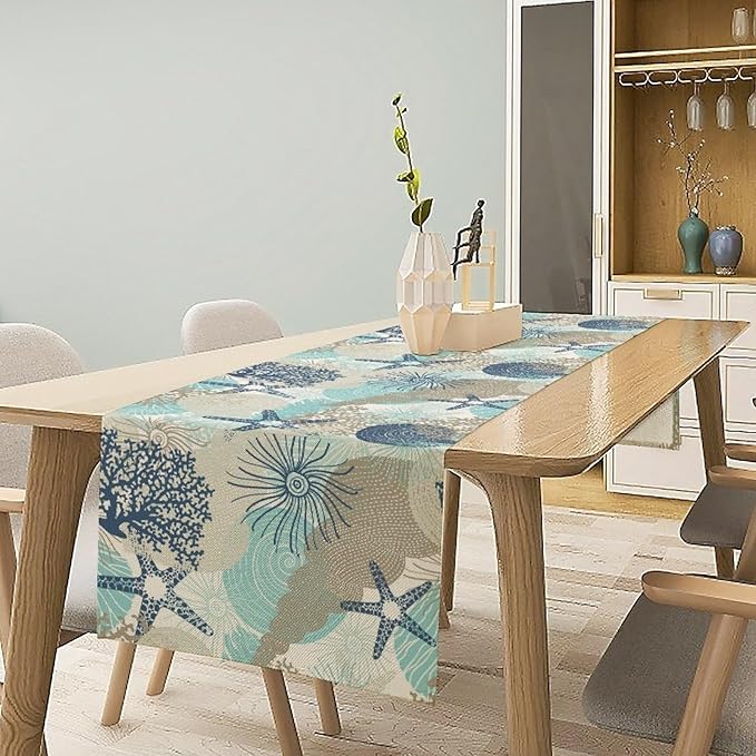 Marine Life Table Runner, Sea Underwater World Ocean Creature Table Runner for Dining Kitchen Party Holidays Home 13x36in