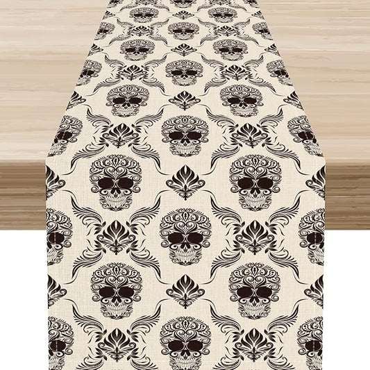 Gothic Table Runner, Retro Antique Damask Skull Pattern Classic Halloween Boho Black Coffee Vintage Table Center Decor for Kitchen and Dining Outdoor Home Country Party Table Decorations, 13"x108"