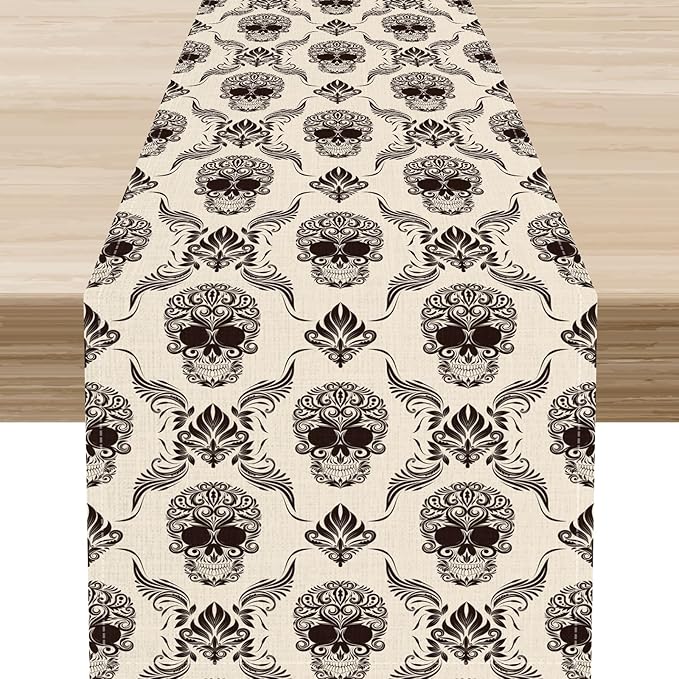 Gothic Table Runner, Retro Antique Damask Skull Pattern Classic Halloween Boho Black Coffee Vintage Table Center Decor for Kitchen and Dining Outdoor Home Country Party Table Decorations, 13"x90"