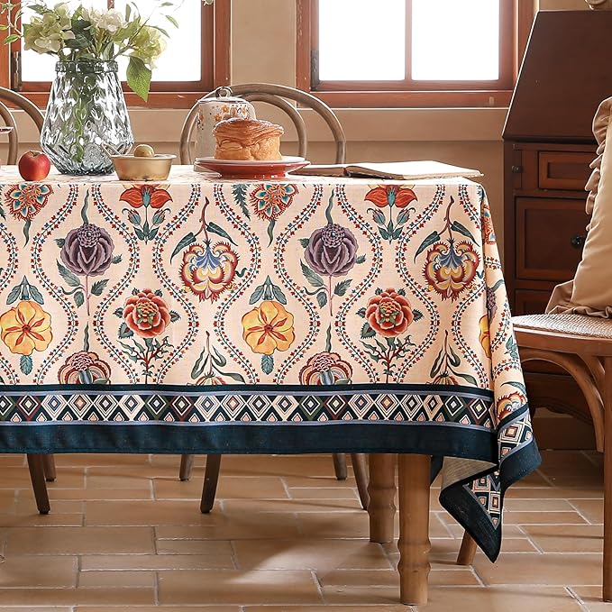 Vintage French Long Rectangular Tablecloth,Linen Tablecloth with Rose and Cornflower Pattern,Decorative Table Cover for Kitchen,Dining,Thanksgiving,Tea Party,63" × 102"-Lanae