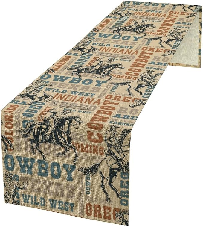 Western Cowboy Table Runner, Vintage Country American West Cowboy Riding Horse Table Runner for Home Kitchen Dining Party Farmhouse Cafe Outdoor 13x60in